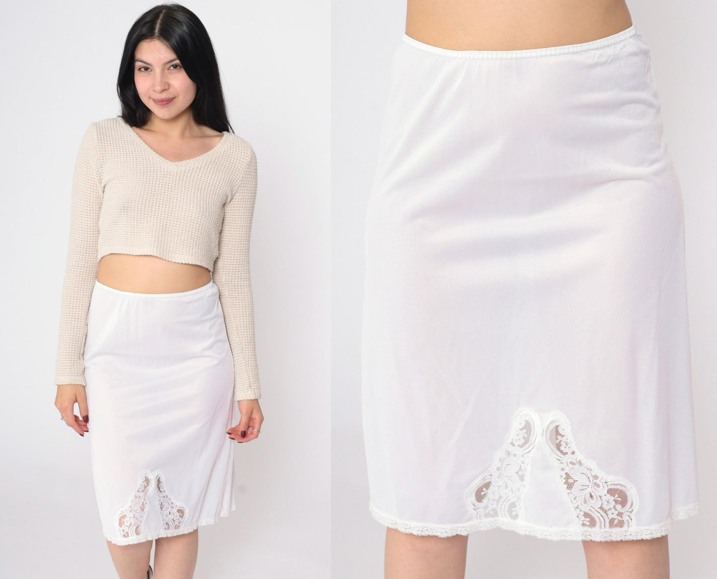 70s White Lace Slip Skirt Vintage Lingerie Elastic Waist Knee Length Small