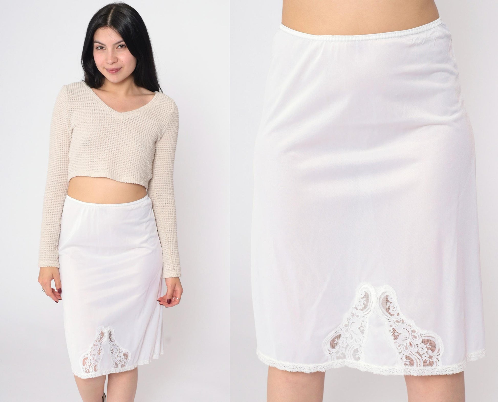 70s White Lace Slip Skirt Vintage Lingerie Elastic Waist Knee Length Small