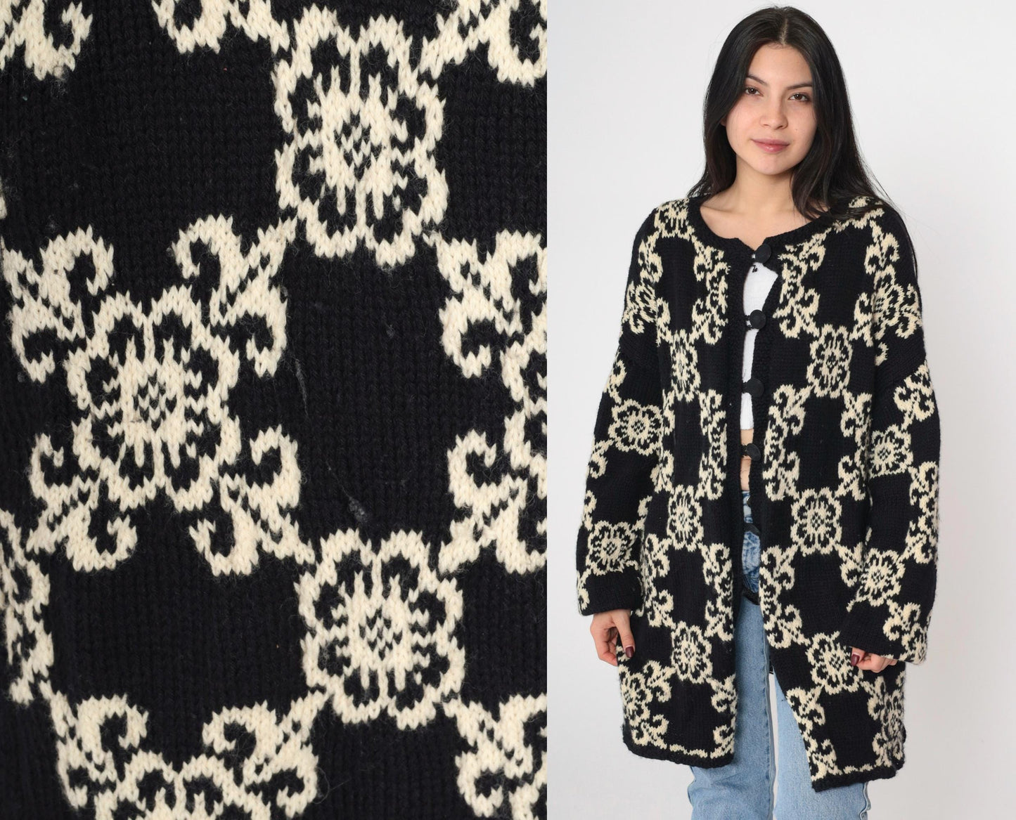 80s Floral Cardigan Longline Button-Up Knit Sweater Cream Black Extra Large
