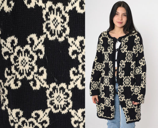 80s Floral Cardigan Longline Button-Up Knit Sweater Cream Black Extra Large