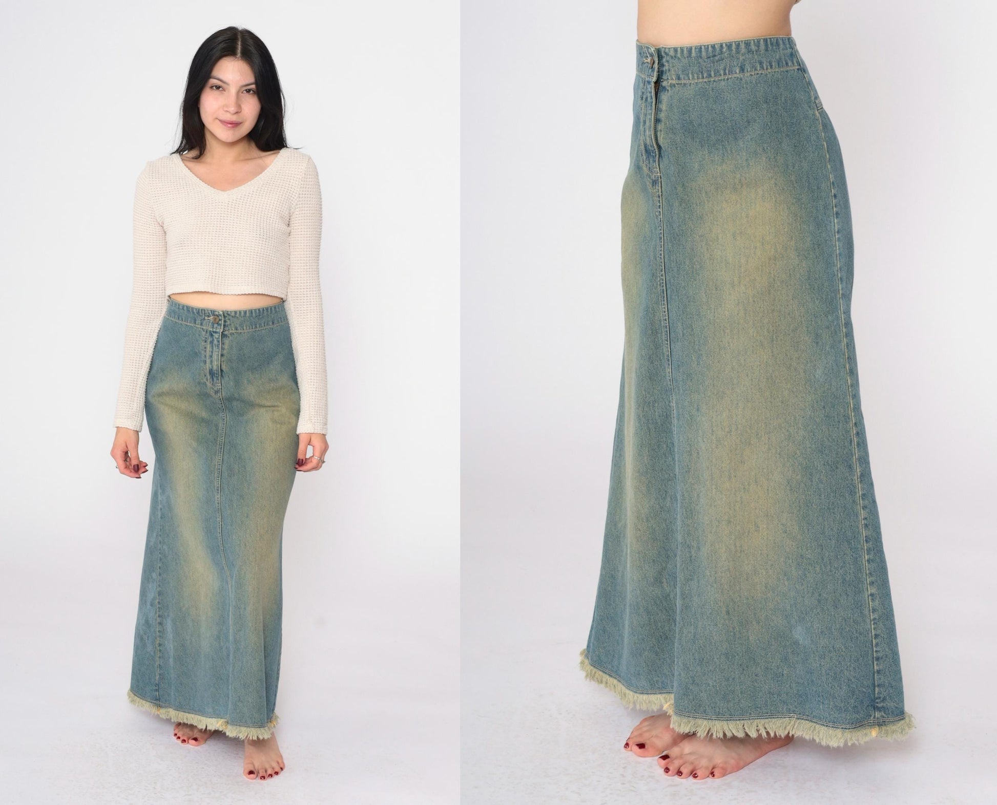 Y2K Blue Denim Maxi Skirt High Rise A-Line Rear Slit Small 6