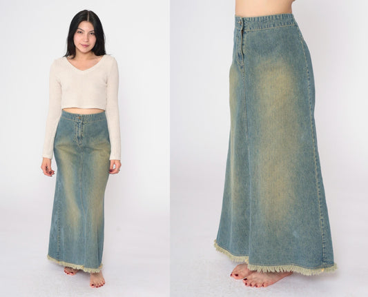 Y2K Blue Denim Maxi Skirt High Rise A-Line Rear Slit Small 6