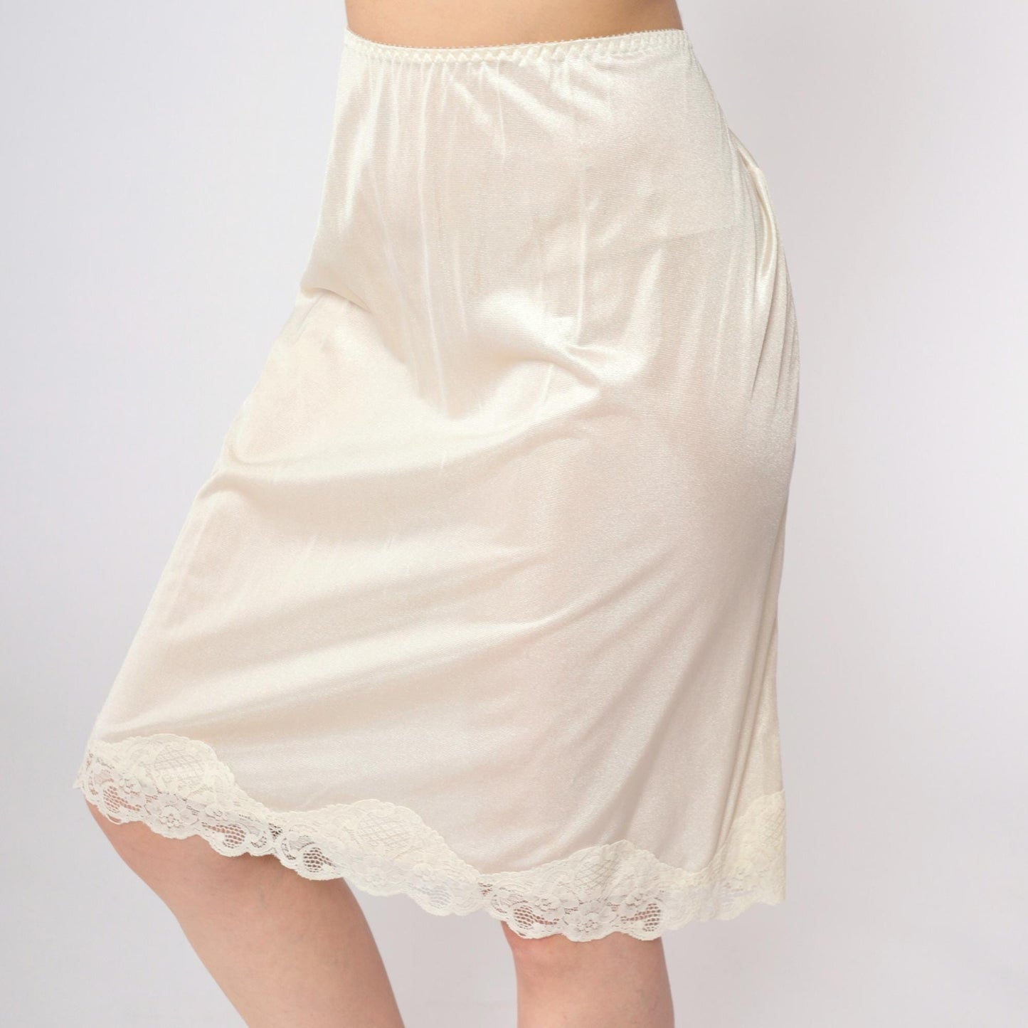 70s Cream Lace Half Slip Skirt Elastic Waist Knee Length Large