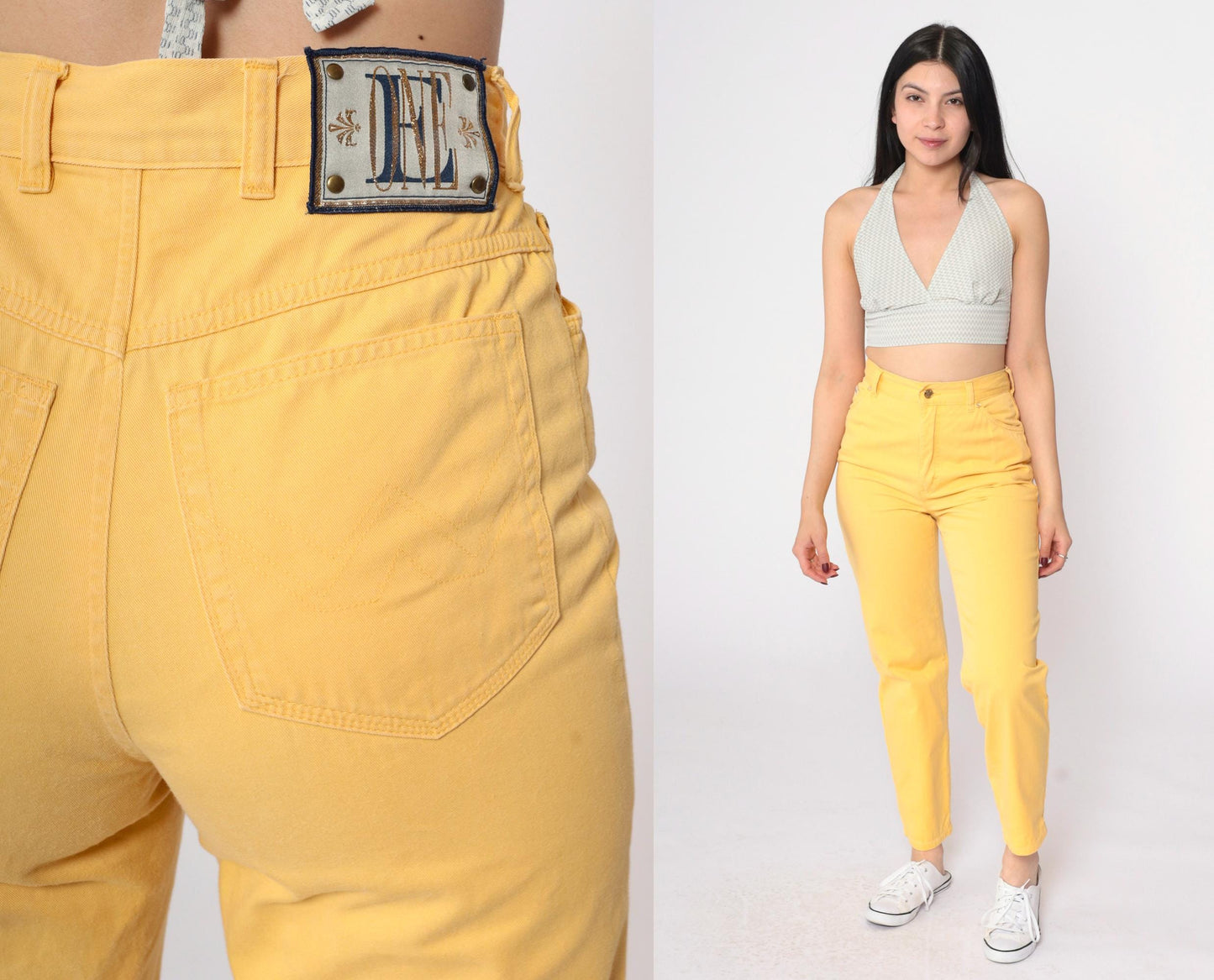 90s Escada Yellow Cotton High-Waisted Slim Trousers Small 29