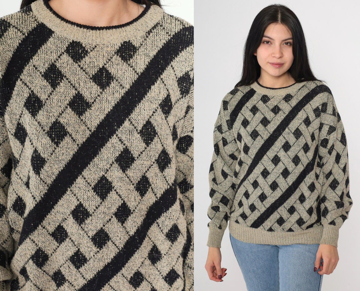 90s Geometric Knit Sweater Black Taupe Lattice Crewneck Pullover Medium