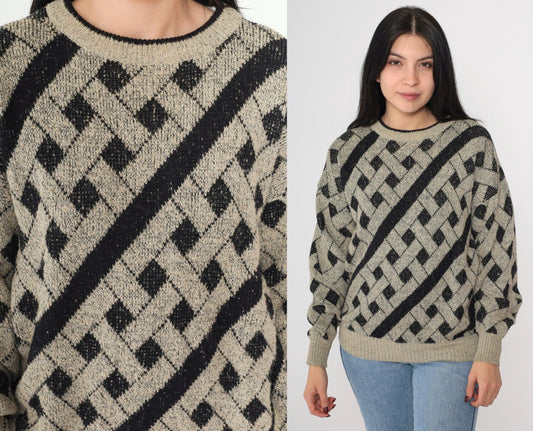 90s Geometric Knit Sweater Black Taupe Lattice Crewneck Pullover Medium