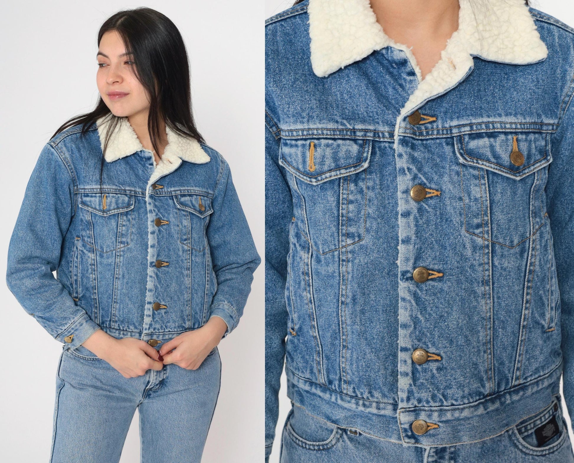 90s Blue Denim Shearling Jacket Faux Fleece Lined Button Up XXS