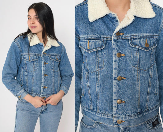 90s Blue Denim Shearling Jacket Faux Fleece Lined Button Up XXS