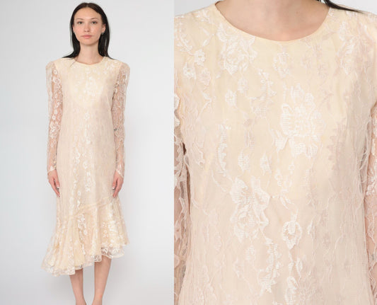 80s Peach Lace Puff Sleeve Dress Keyhole Back Mermaid Hem Small