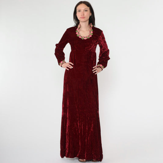 70s Red Velvet Maxi Dress Empire Waist Lace Long Sleeve Small