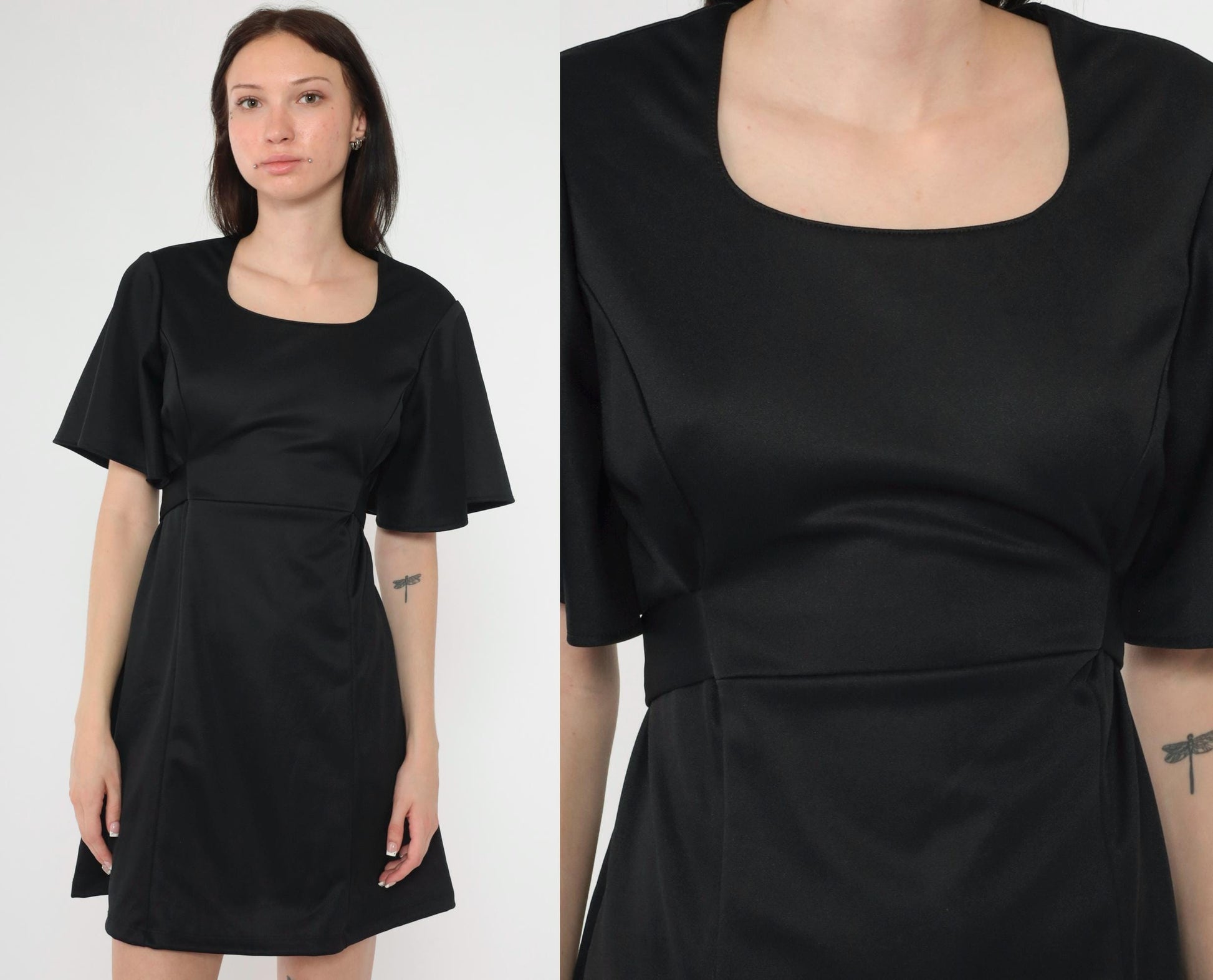 Y2K Black Babydoll Mini Dress Flutter Sleeve Empire Waist Small 6