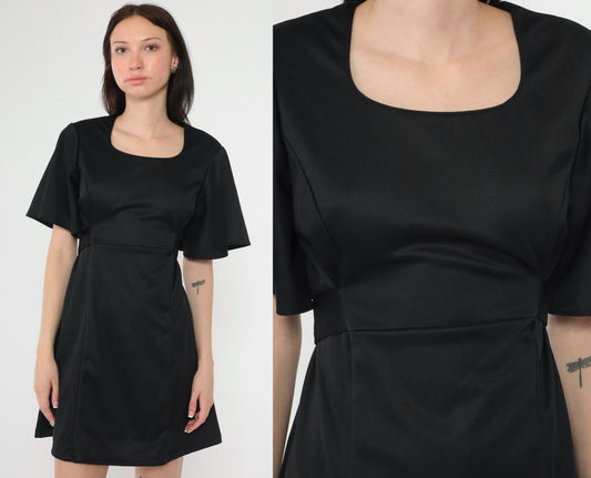 Y2K Black Babydoll Mini Dress Flutter Sleeve Empire Waist Small 6
