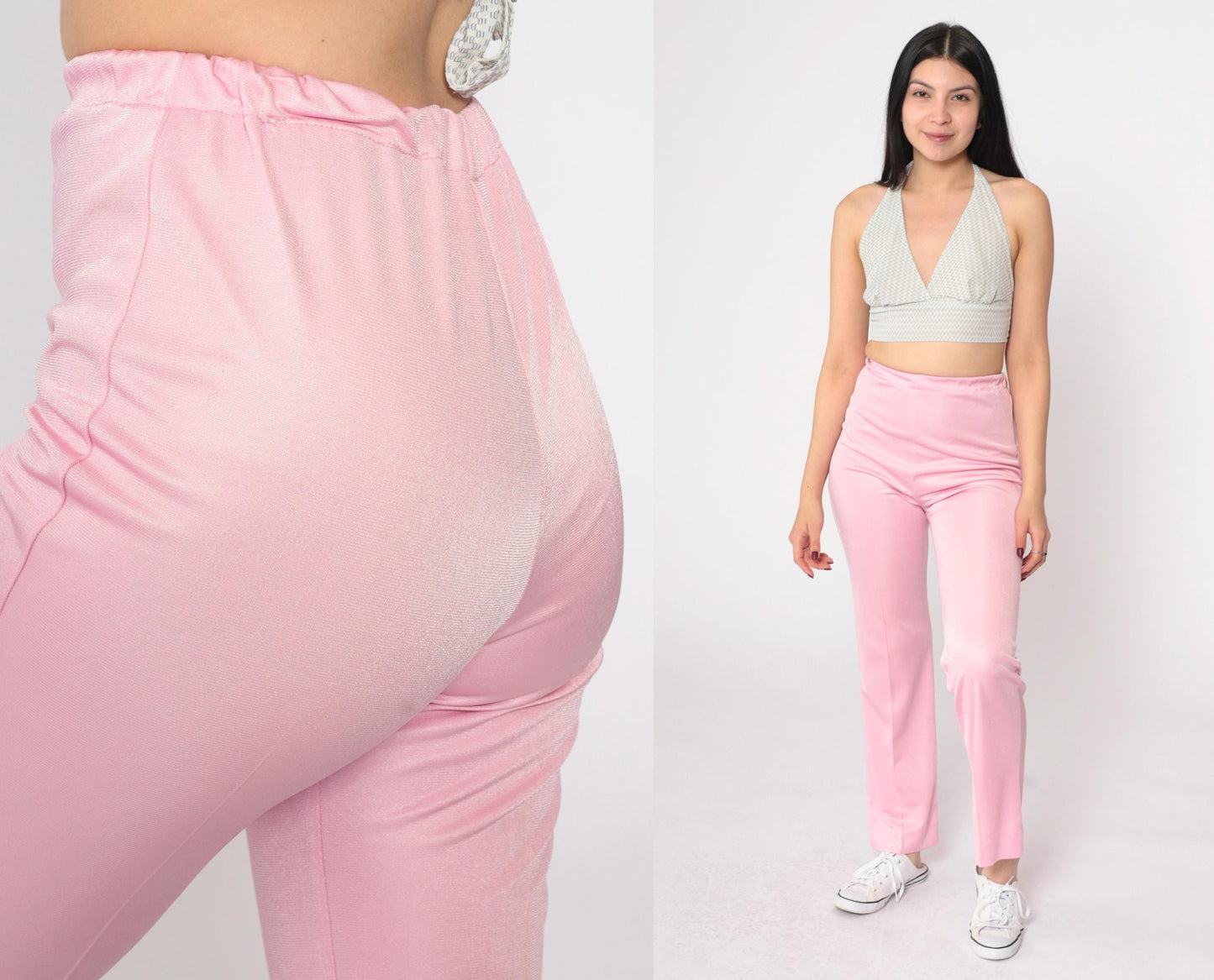 90s Baby Pink Flared Pants High Waist Elastic Trousers Extra Small