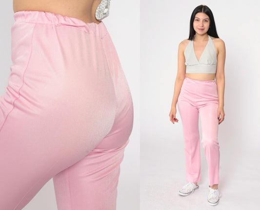 90s Baby Pink Flared Pants High Waist Elastic Trousers Extra Small