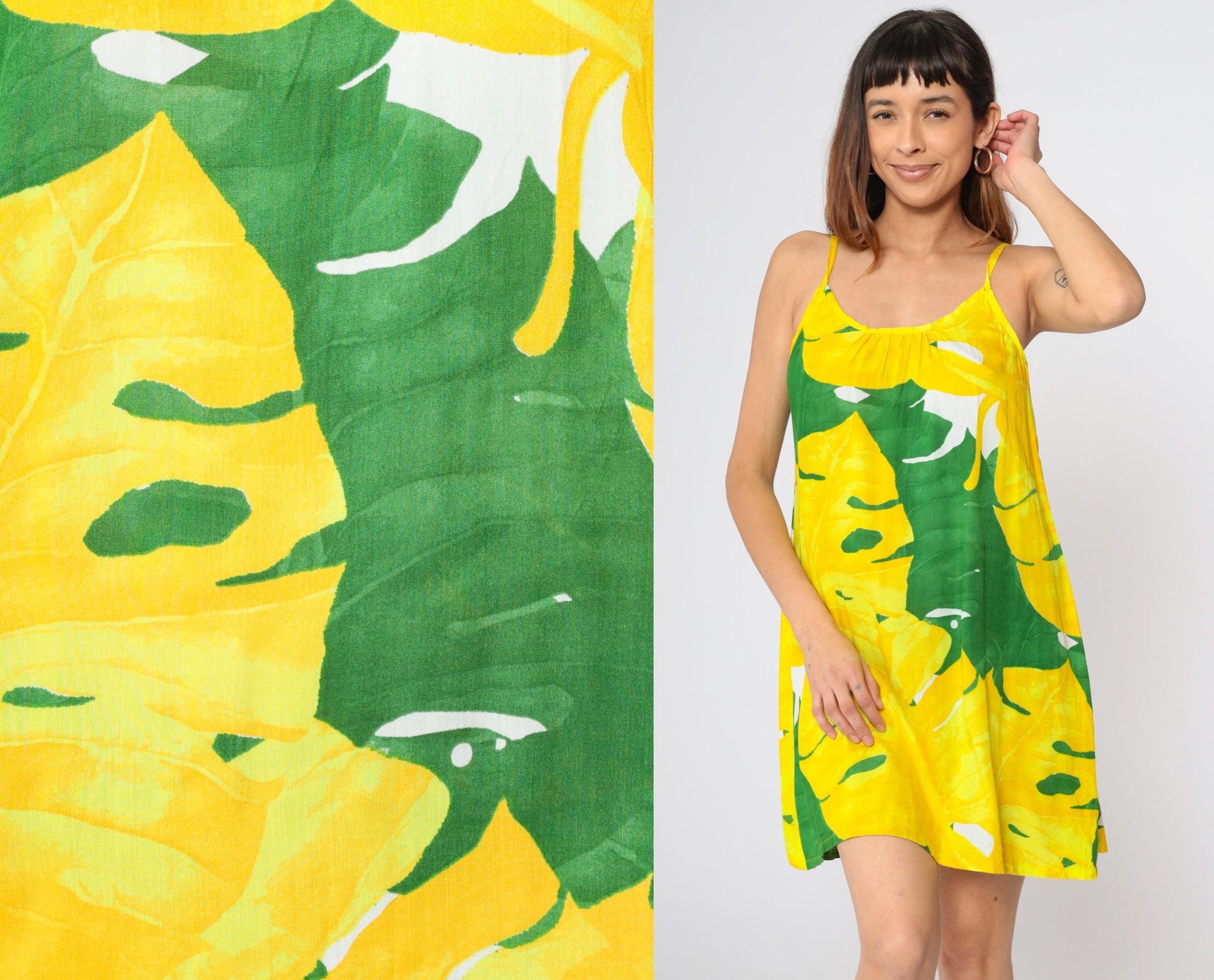 Y2K Tropical Leaf Print Mini Dress Yellow Green Spaghetti Strap Small