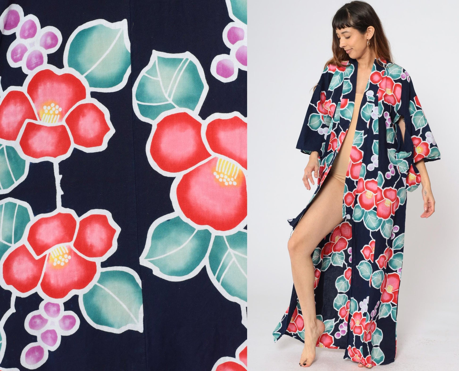 Y2K Japanese Floral Kimono Navy Blue Maxi Robe Open Front Small Medium Large