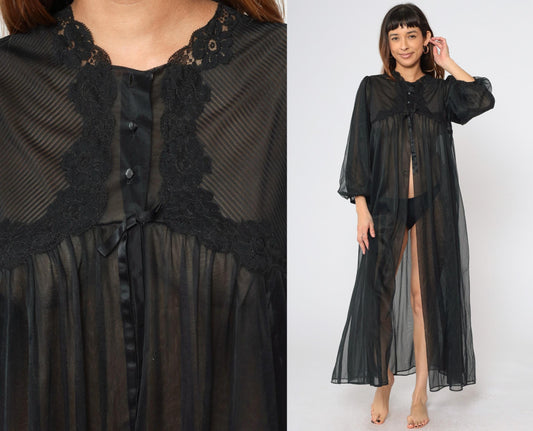 70s Gossard Artemis Black Nylon Lingerie Robe Lace Trim Maxi Medium
