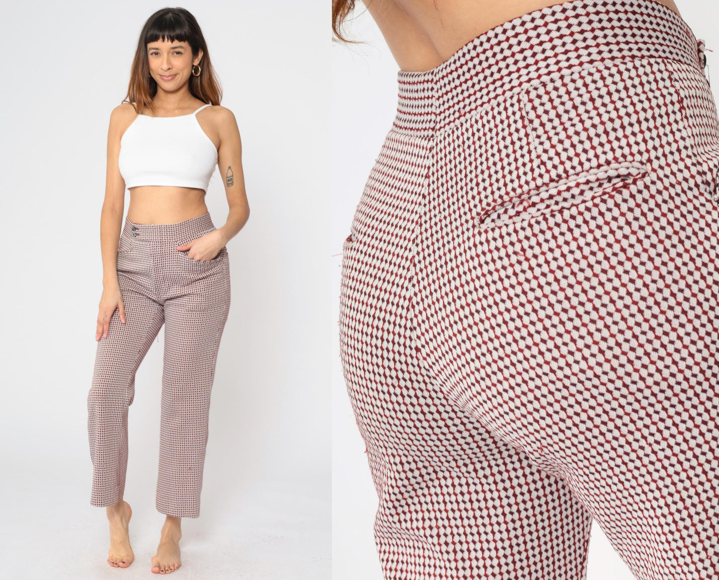 70s Red Checkered Flared Trousers High Waisted Bell Bottom Plaid Medium
