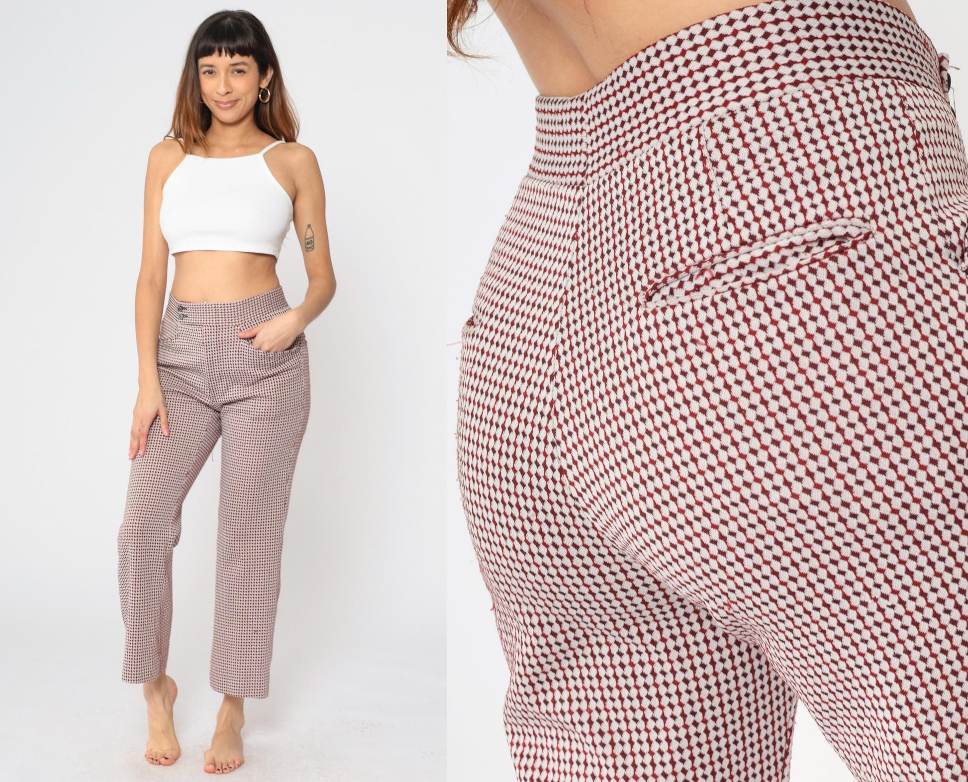 70s Red Checkered Flared Trousers High Waisted Bell Bottom Plaid Medium