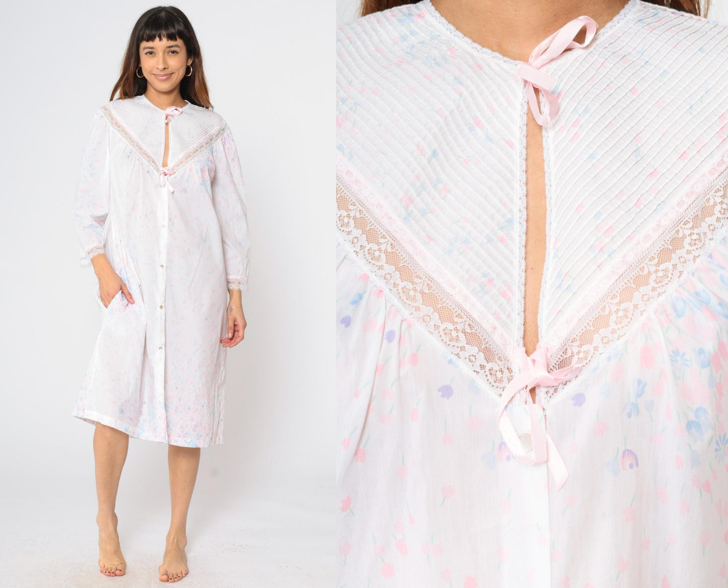 80s Barbizon Floral Button-Up Nightgown Pastel Pink Lace Trim Midi Large L