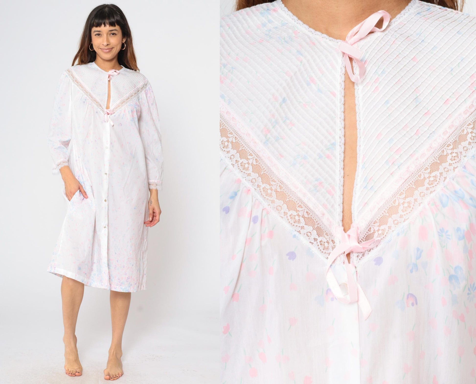80s Barbizon Floral Button-Up Nightgown Pastel Pink Lace Trim Midi Large L
