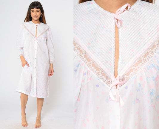 80s Barbizon Floral Button-Up Nightgown Pastel Pink Lace Trim Midi Large L