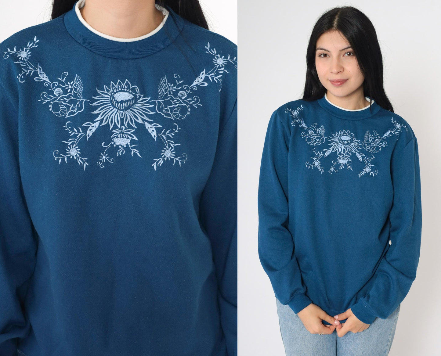 Y2K Blair Floral Embroidered Sweatshirt Blue Double Collar Crewneck Small