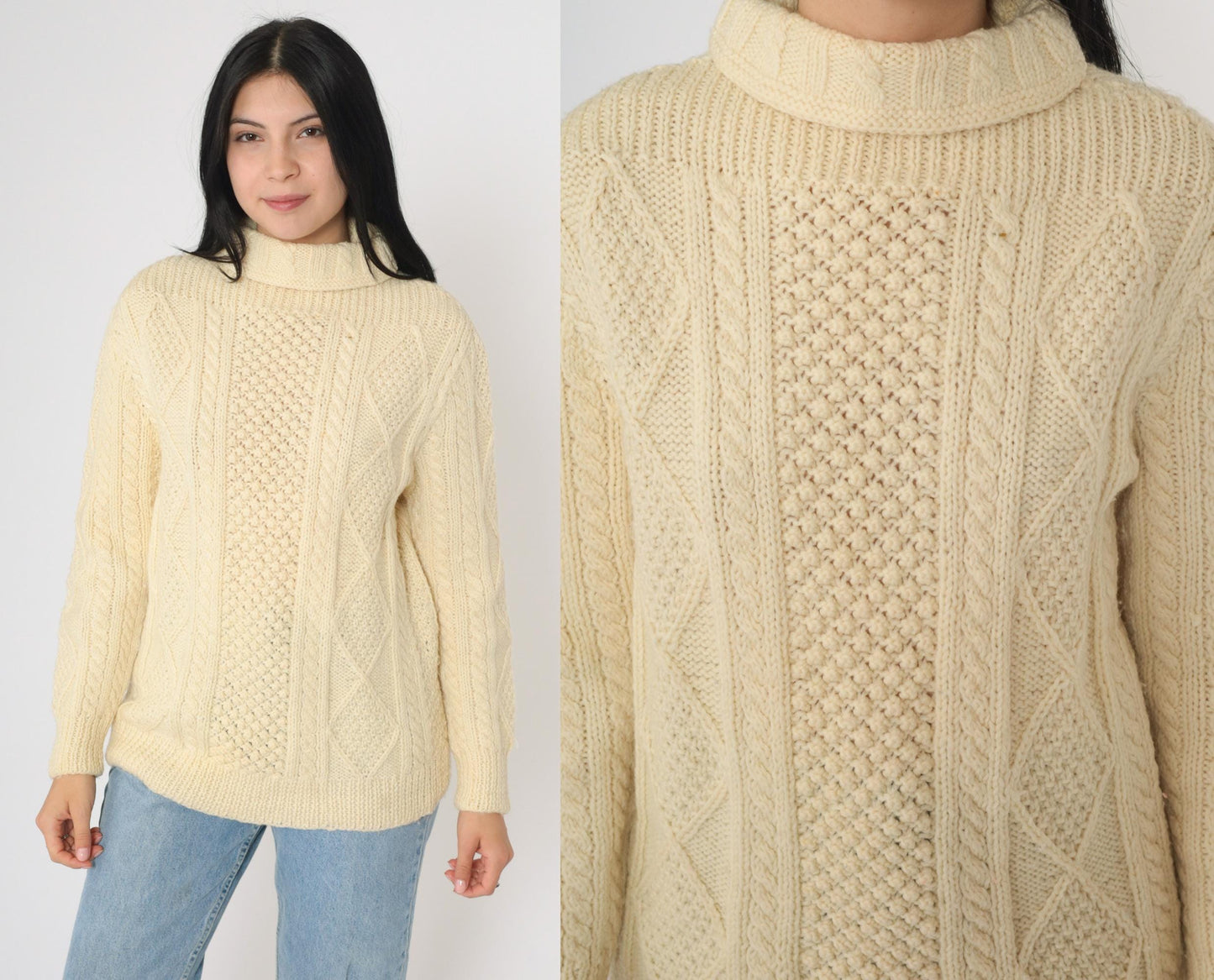 80s Cream Cable Knit Turtleneck Sweater Pullover Small