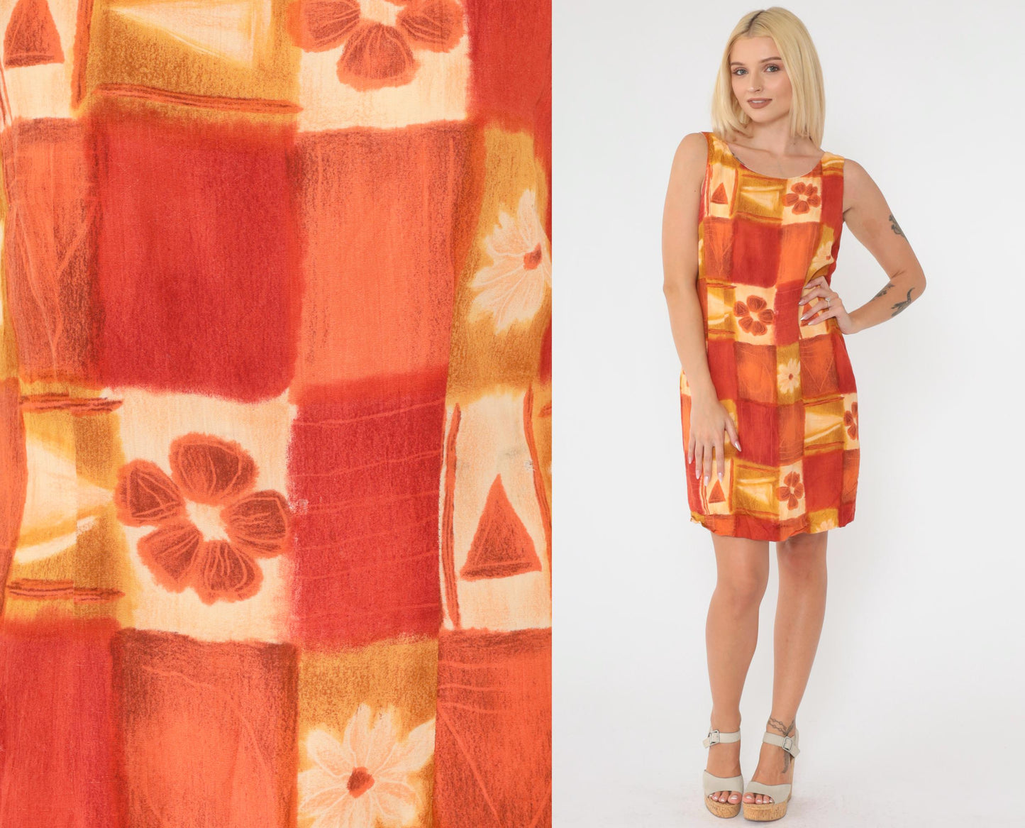 90s Jeffrey & Dara Geometric Floral Mini Dress Sleeveless Yellow Orange Small