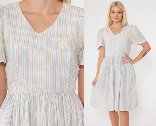 80s Striped Puff Sleeve Dress High Waisted Button Front Midi Green Pink Blue Extra Small