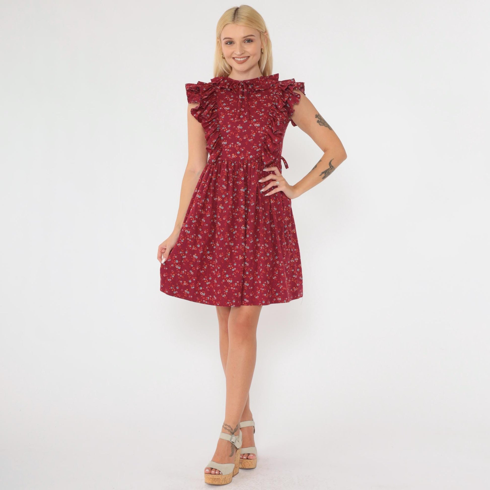 70s Kim Originals Floral Ruffle Mini Dress Burgundy High Waist Bow Neck 2XS