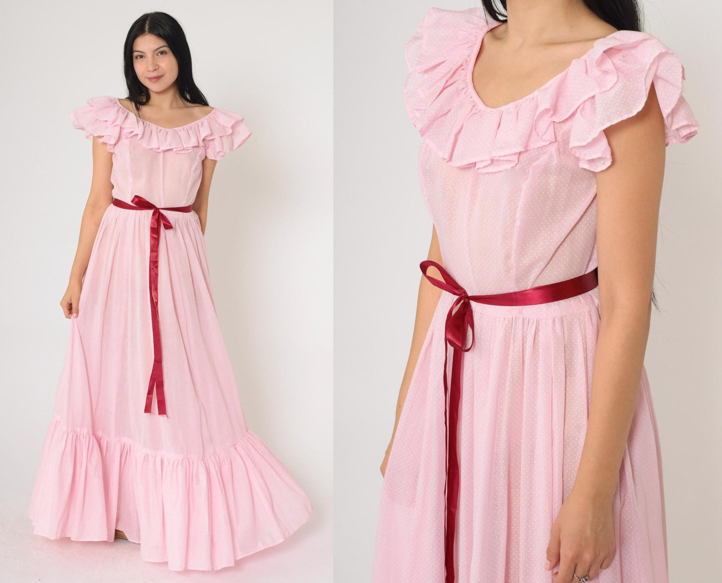 70s Baby Pink Polka Dot Maxi Dress Flutter Sleeve Scoop Neck Small