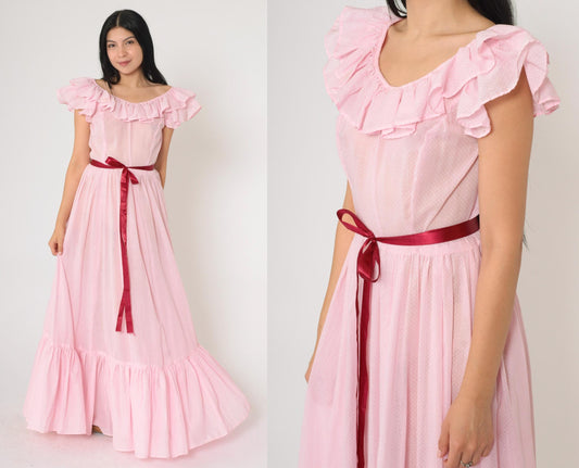 70s Baby Pink Polka Dot Maxi Dress Flutter Sleeve Scoop Neck Small