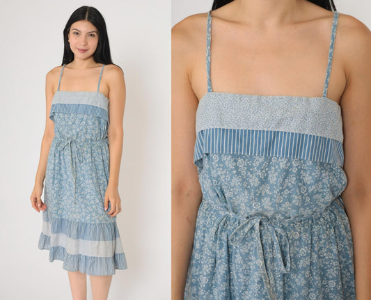 70s Floral Blue Tiered Sundress Spaghetti Strap High Waist Knee Length Small