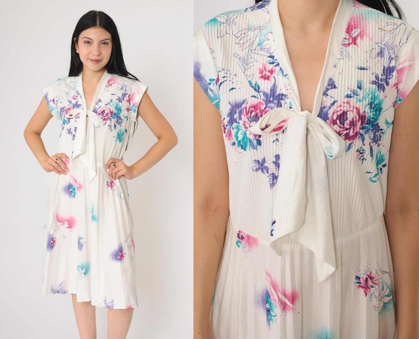 70s Floral Ascot Midi Dress White Cap Sleeve High Waist Pleated Small