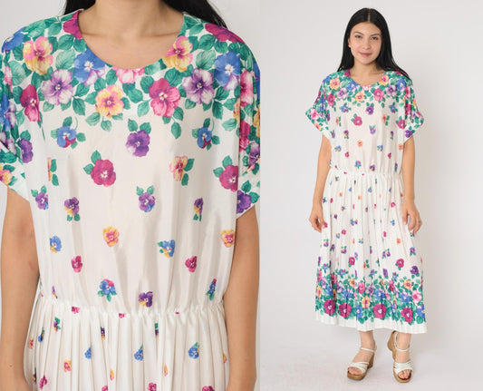80s Floral Midi Dress White Multicolor Pleated High Waist Short Sleeve Extra Large