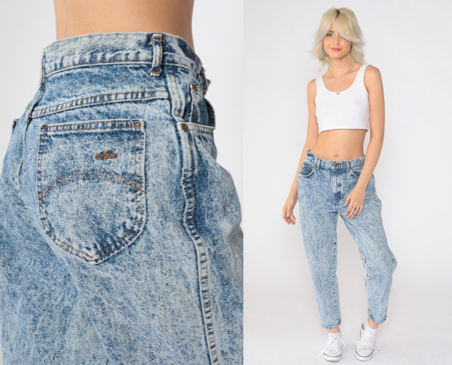 80s Acid Wash High-Waist Tapered Jeans Blue Denim Size 14