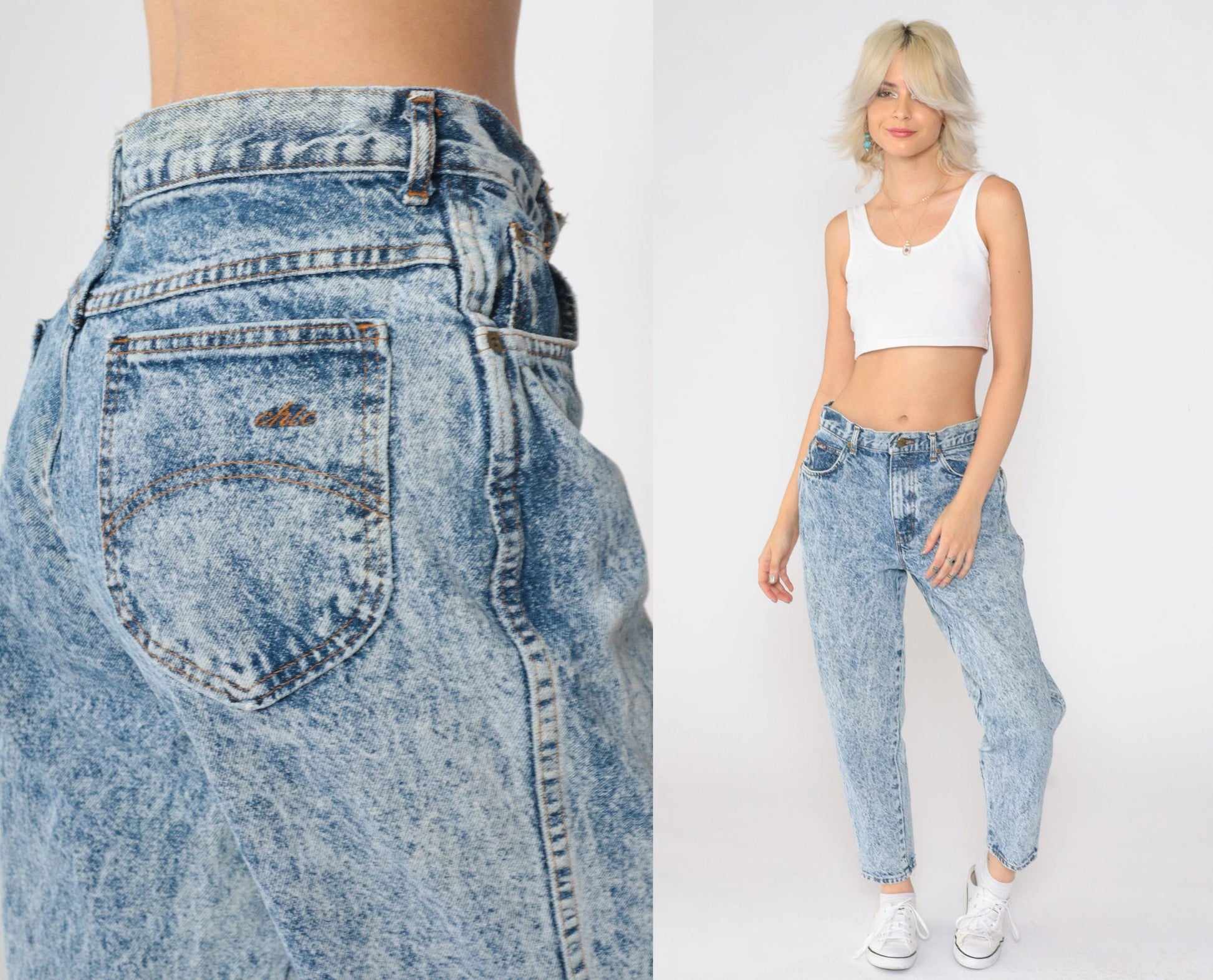 80s Acid Wash High-Waist Tapered Jeans Blue Denim Size 14