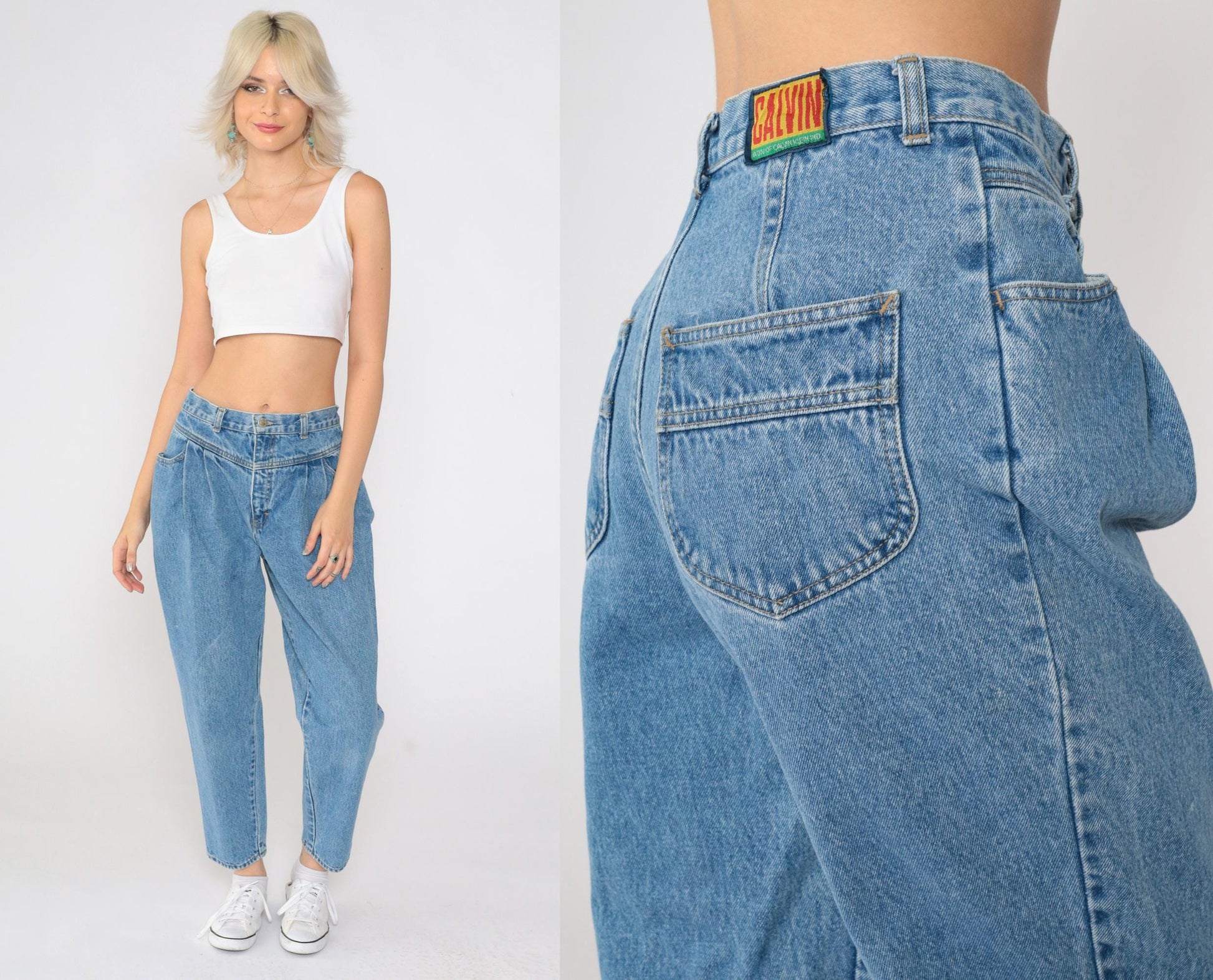 90s Calvin Klein Pleated Mom Jeans High Waisted Tapered Ankle Blue Medium