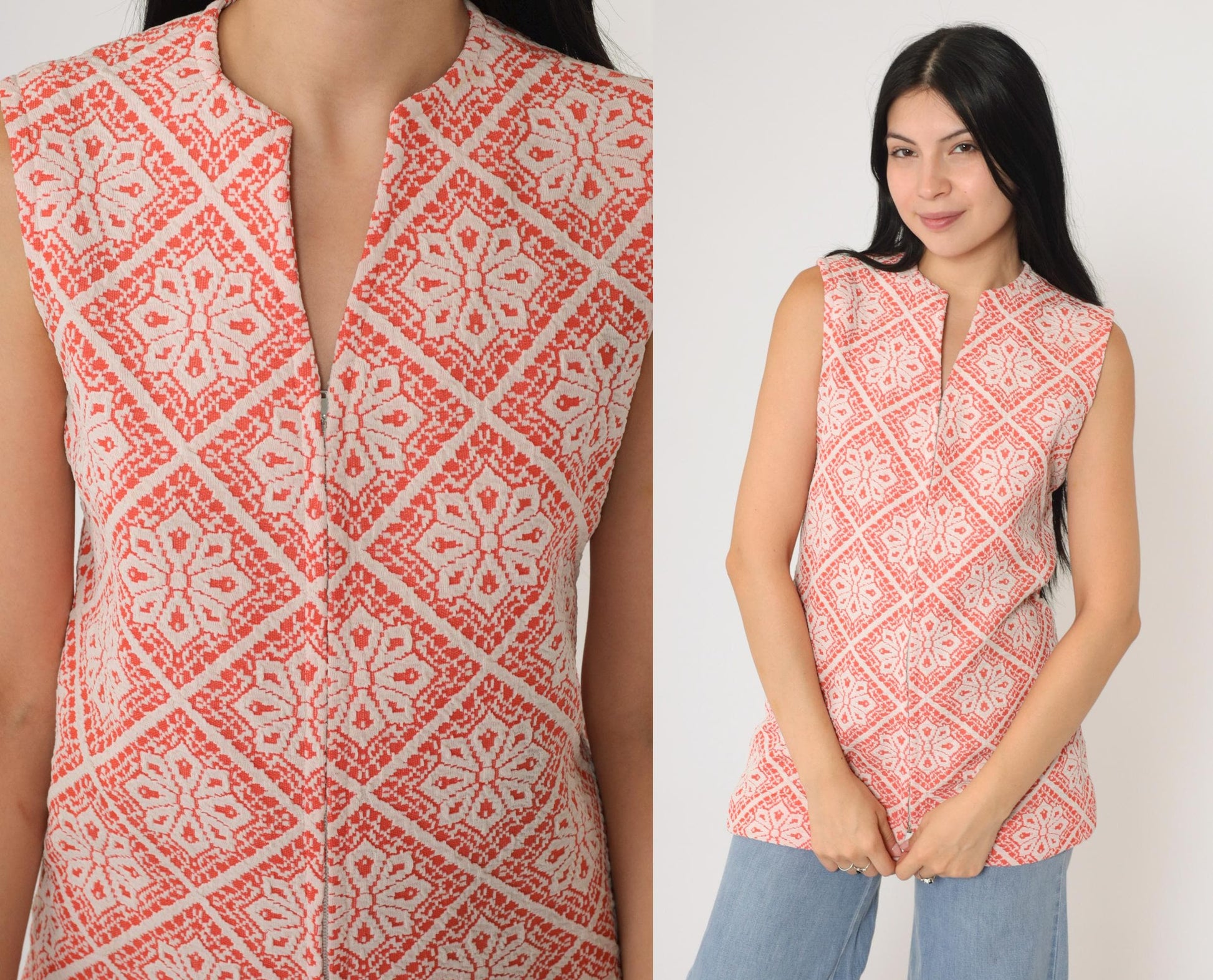 70s Peck & Peck Floral Tank Top Sleeveless Front Zip Polyester Orange Small S