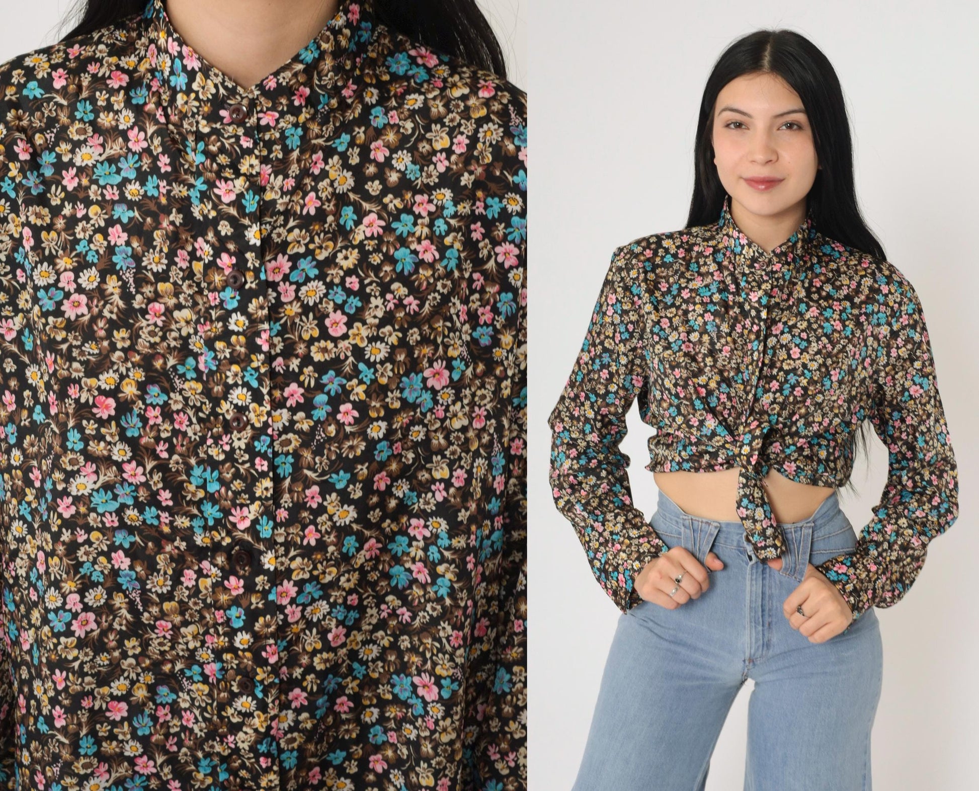 70s Calico Floral Black Button-Up Shirt Long Sleeve Flower Print Medium