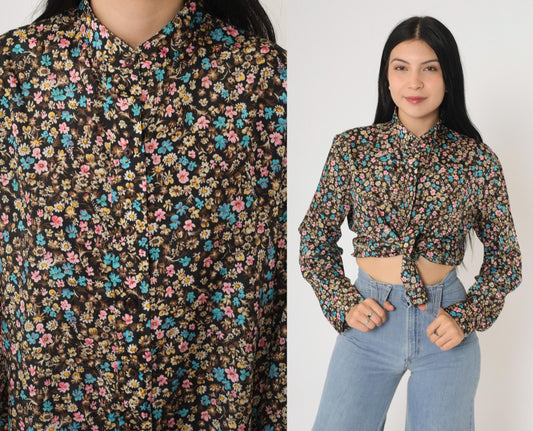 70s Calico Floral Black Button-Up Shirt Long Sleeve Flower Print Medium