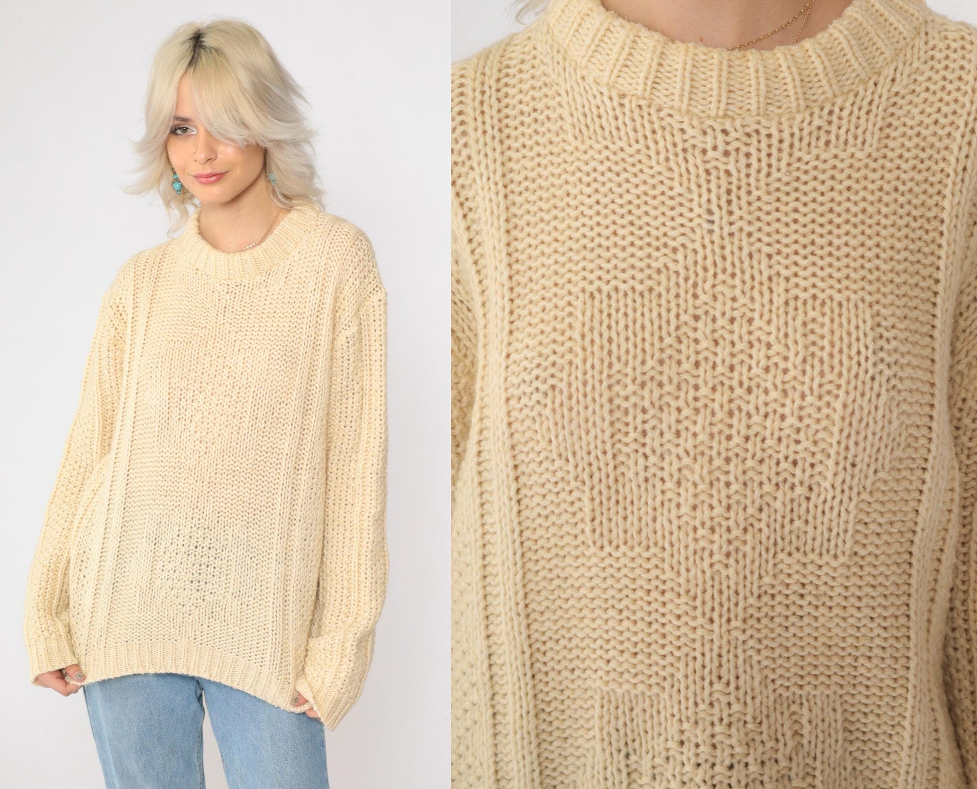 70s Inter Vale Wool Blend Sweater Cream Star Design Crewneck Large L