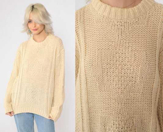 70s Inter Vale Wool Blend Sweater Cream Star Design Crewneck Large L