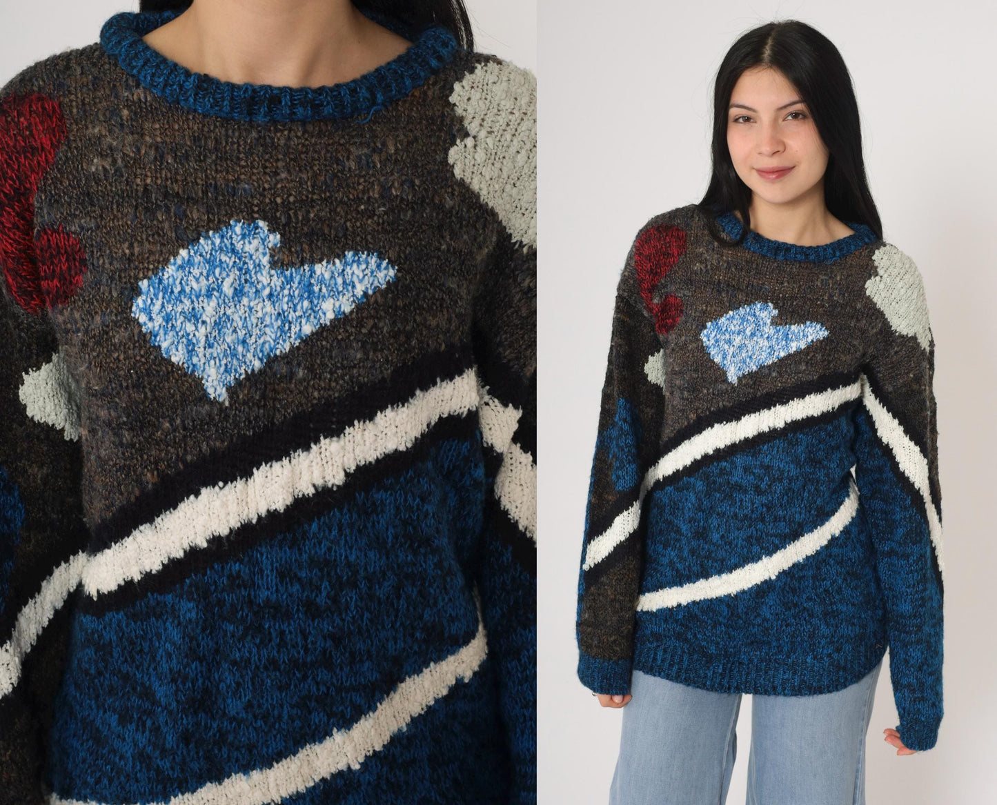 80s Geometric Space Dye Sweater Blue Striped Knit Pullover Small