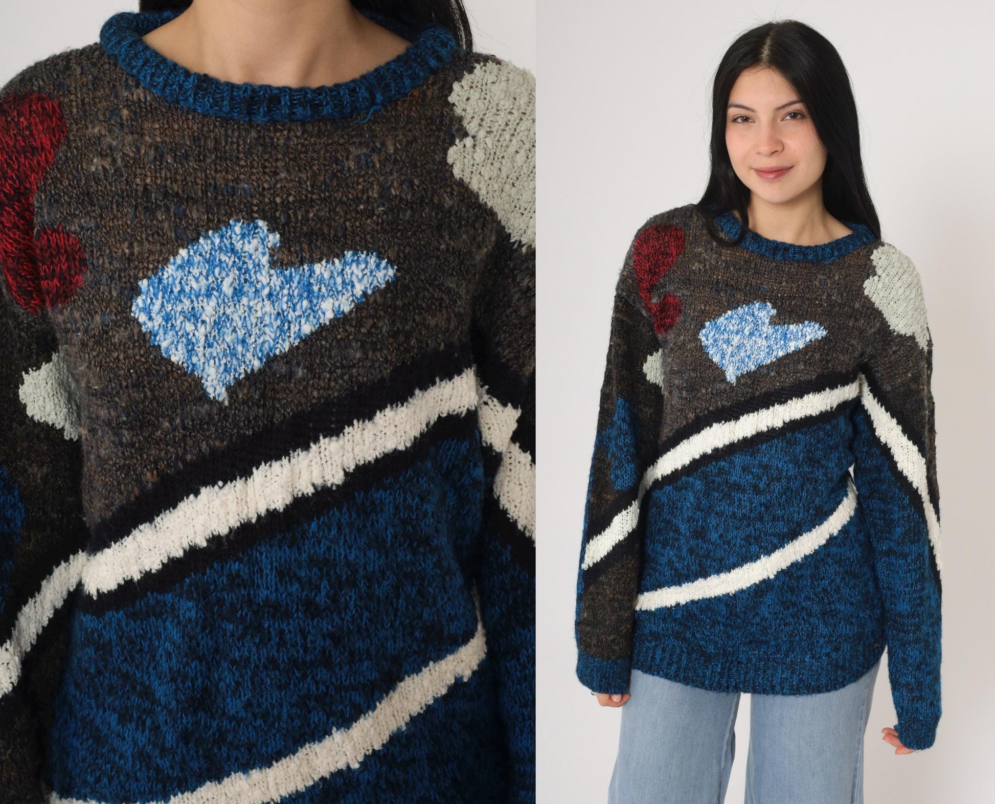 80s Geometric Space Dye Sweater Blue Striped Knit Pullover Small