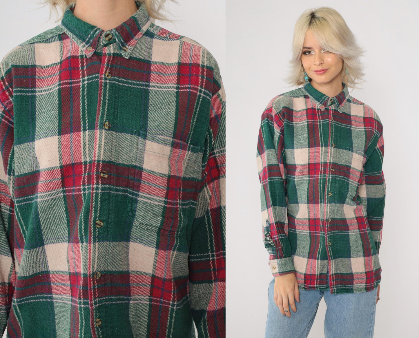 90s Sierra Pacific Green Pink Plaid Flannel Shirt Long Sleeve Medium M