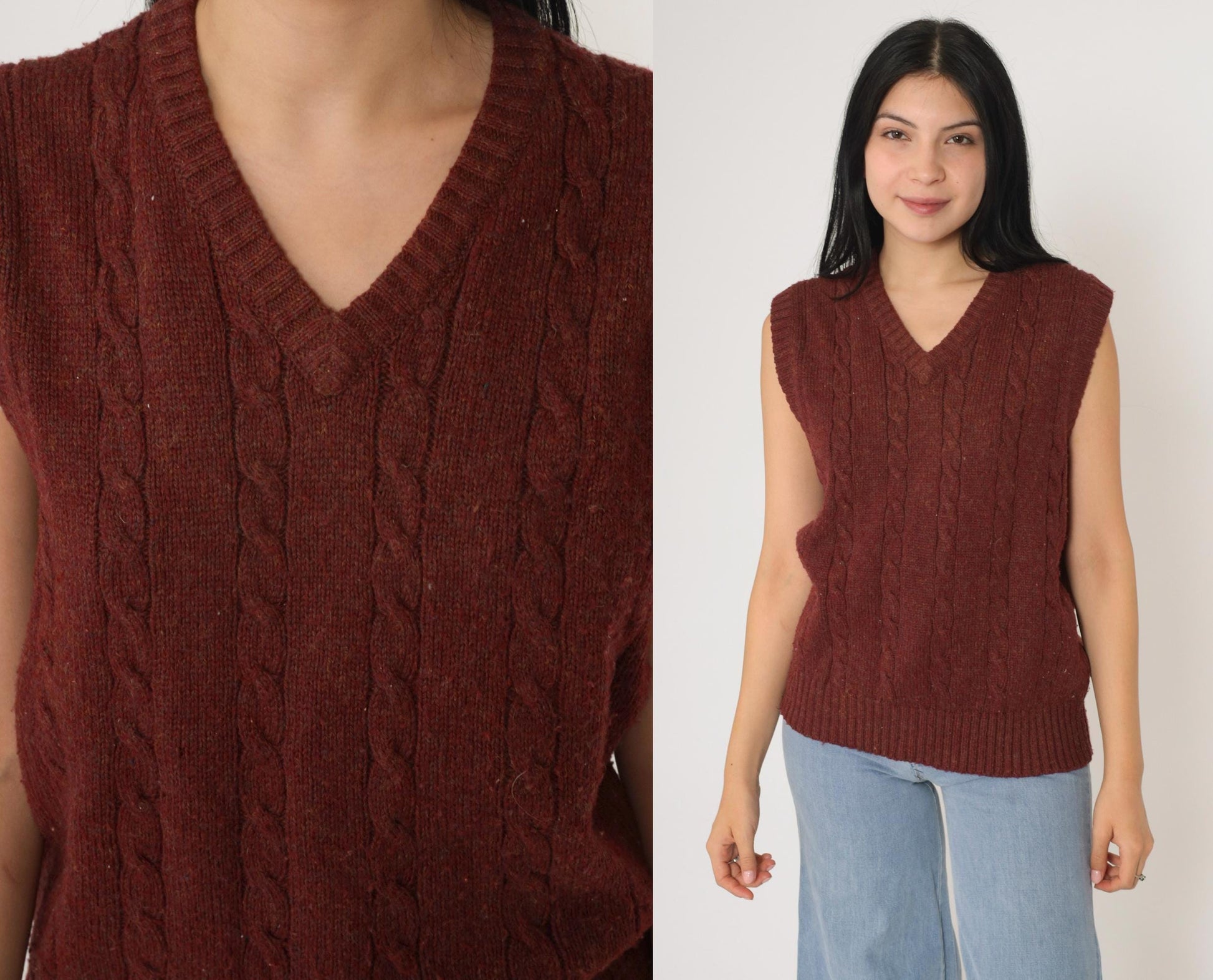 80s Gap Cable Knit Vest Burgundy Flecked V-Neck Sleeveless Sweater Medium