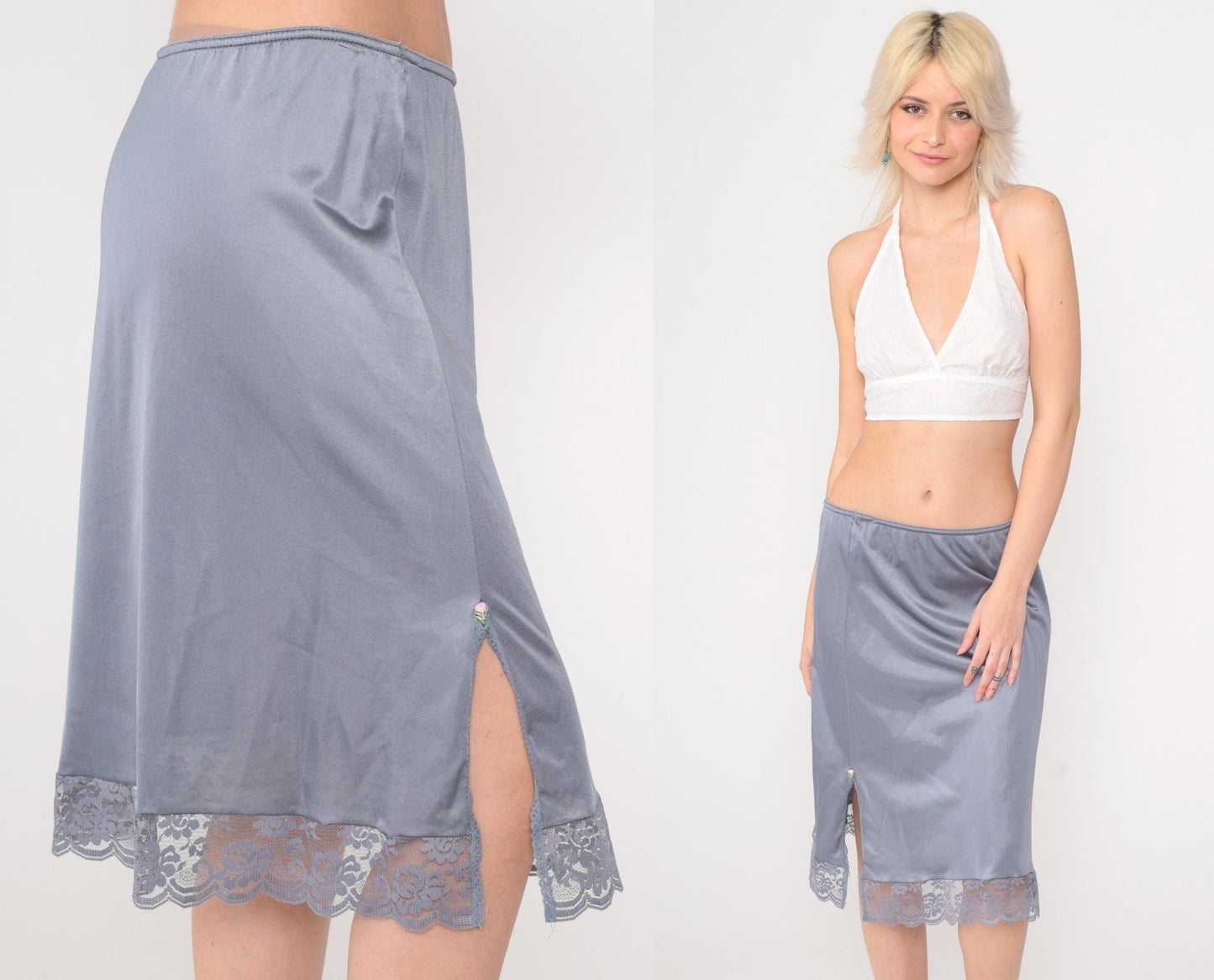 80s Grey Nylon Slip Skirt Lace Trim Rosette Side Slit Medium