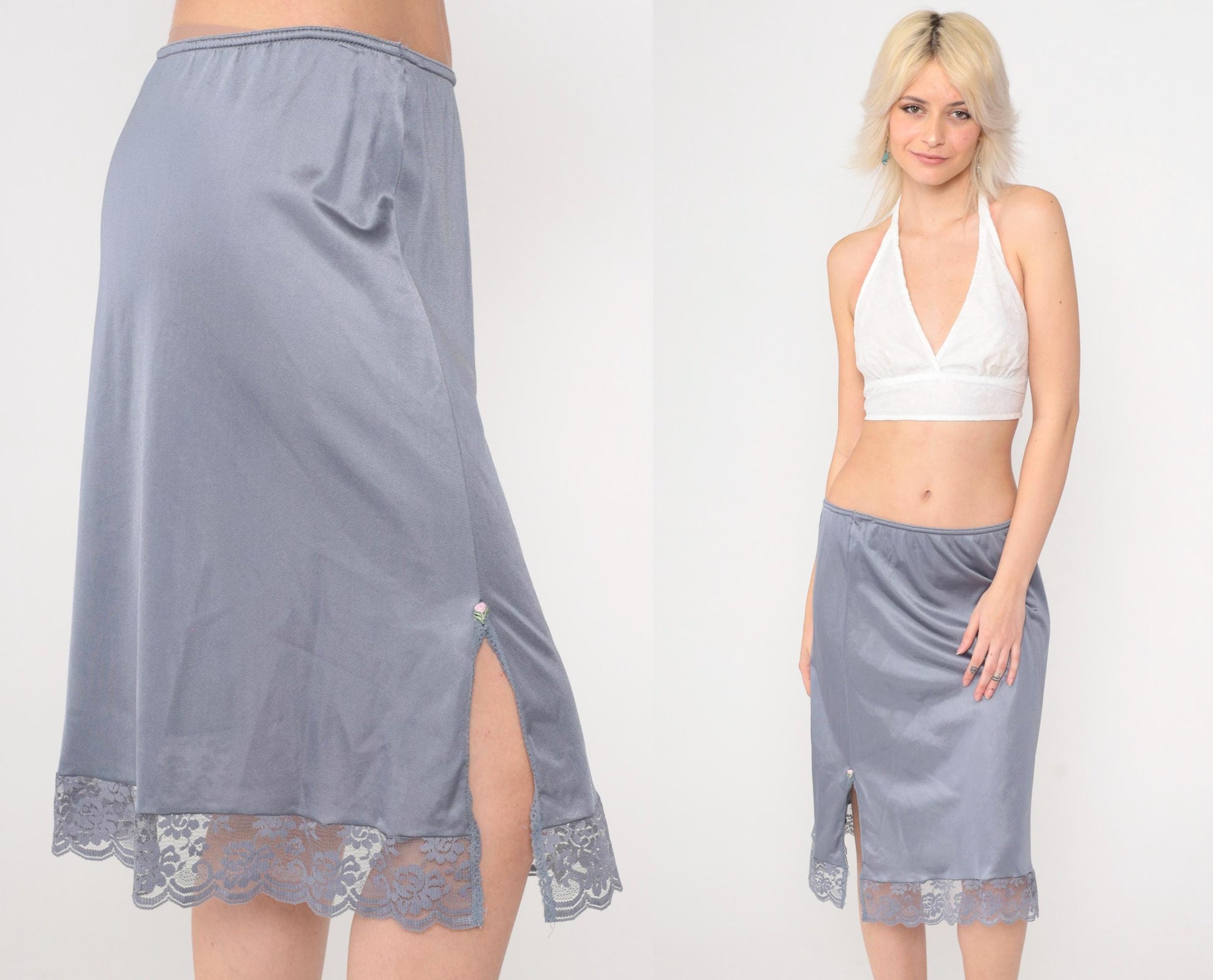 80s Grey Nylon Slip Skirt Lace Trim Rosette Side Slit Medium